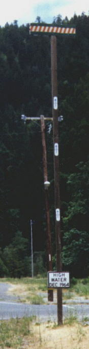 Current marker showing 1964 flood level at the old site of Weott